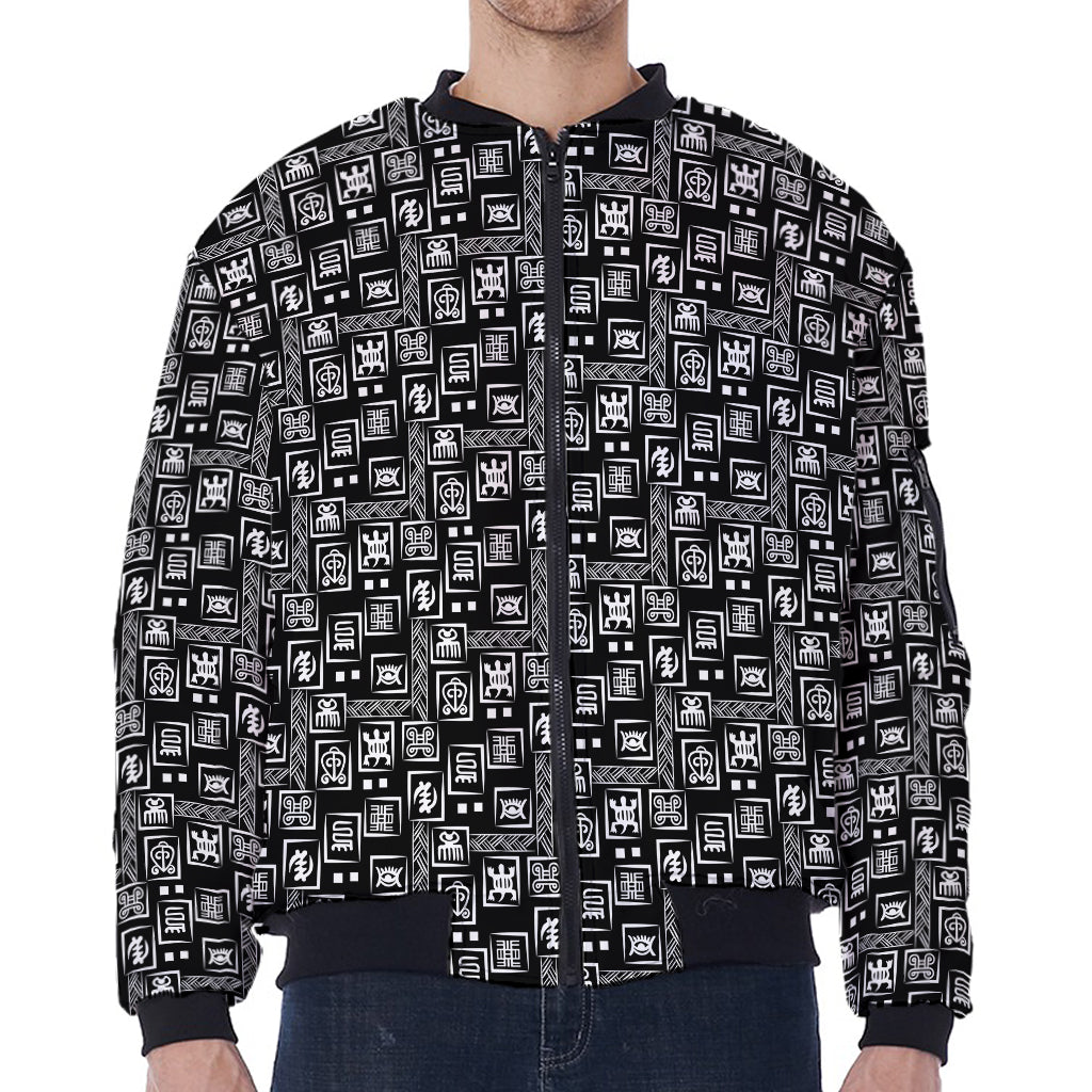 Black Adinkra Symbols Pattern Print Zip Sleeve Bomber Jacket