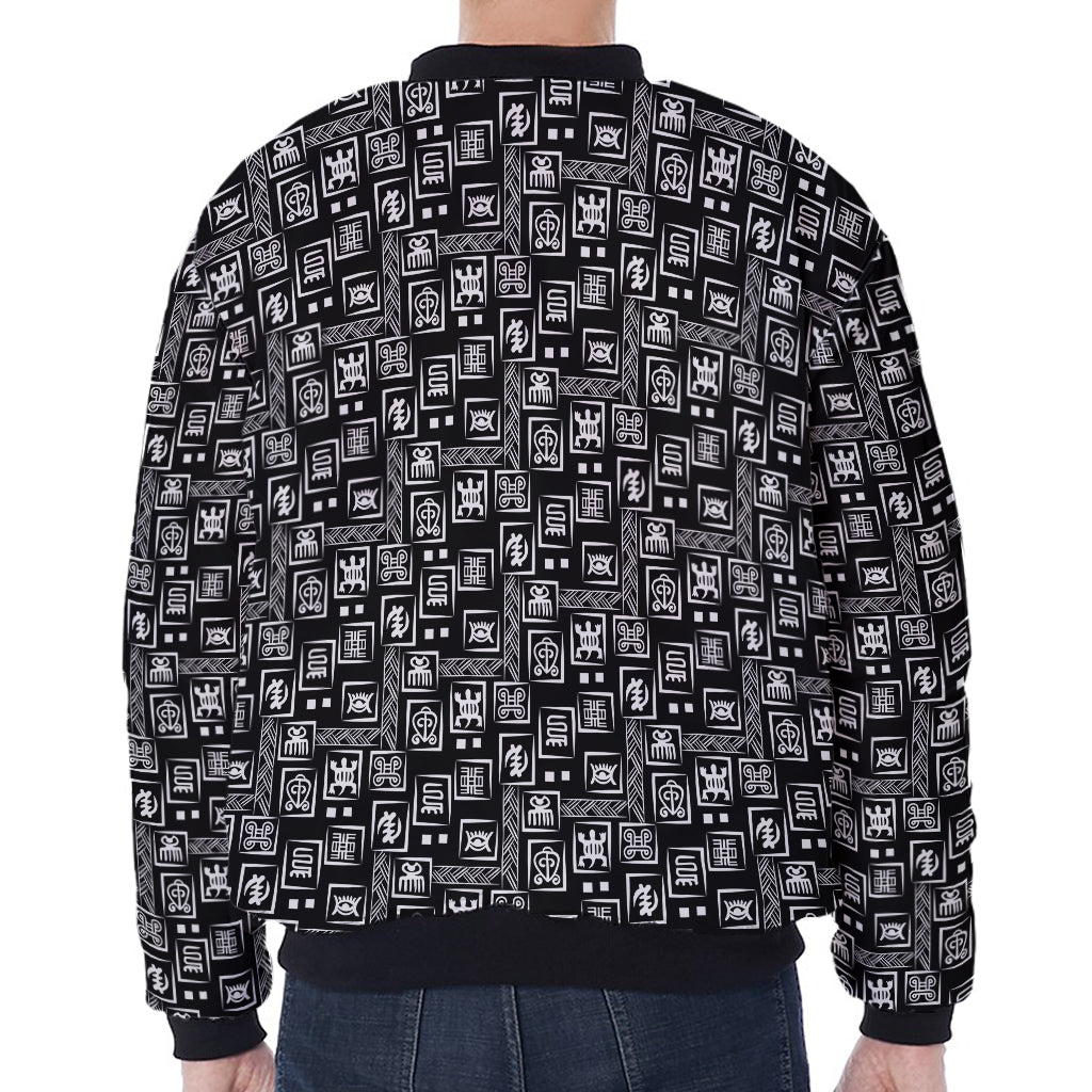 Black Adinkra Symbols Pattern Print Zip Sleeve Bomber Jacket