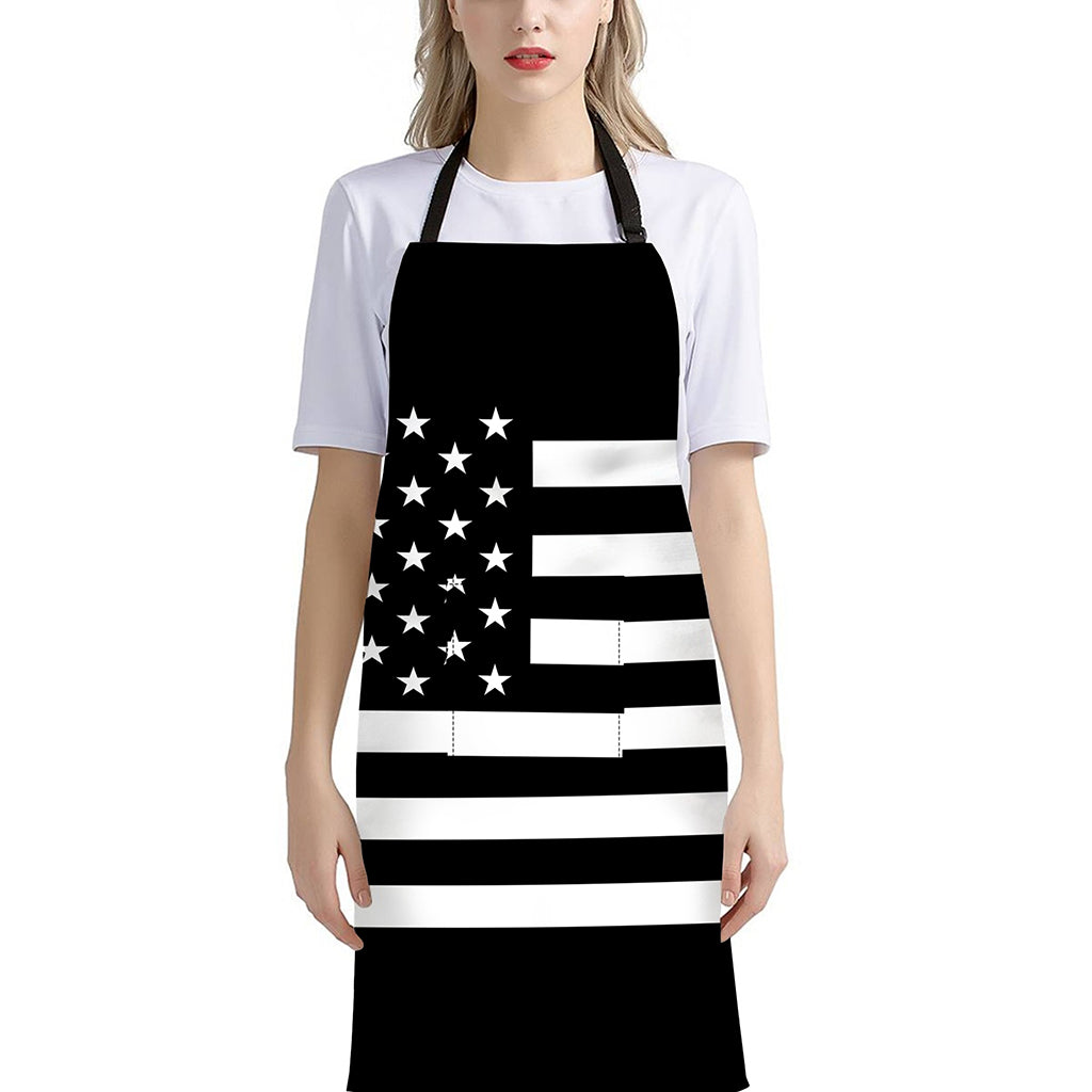 Black American Flag Print Bib Apron With Pocket