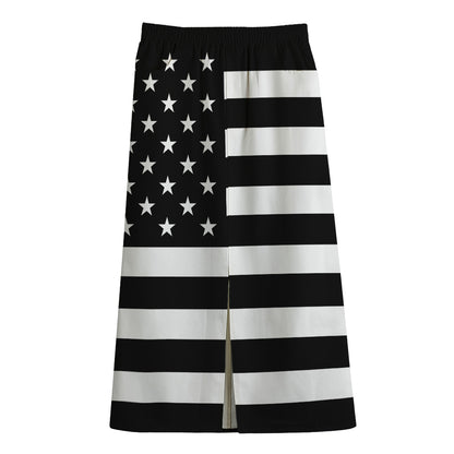 Black American Flag Print Cotton Front Slit Maxi Skirt