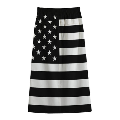 Black American Flag Print Cotton Front Slit Maxi Skirt