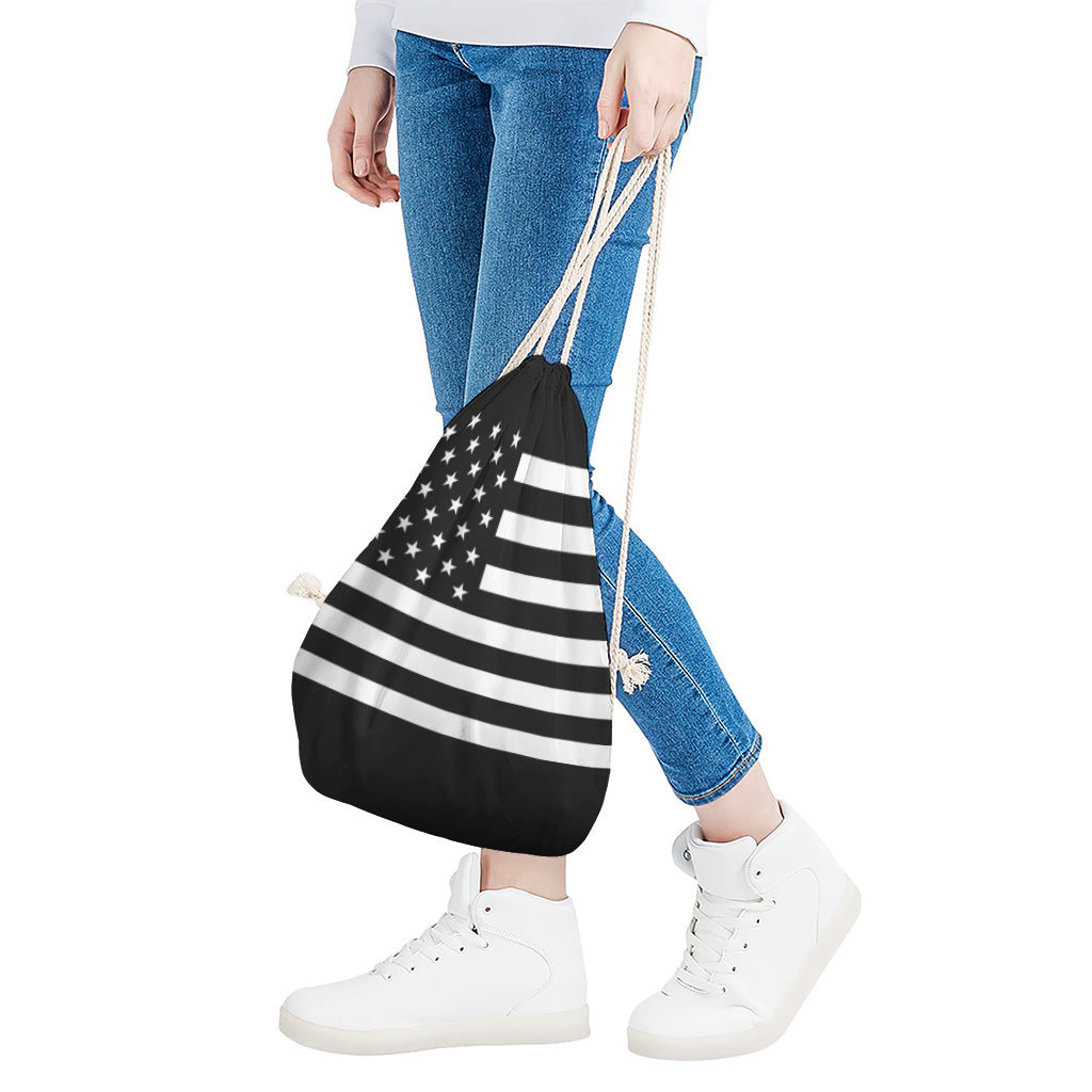 Black American Flag Print Drawstring Bag