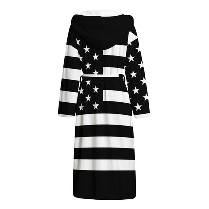 Black American Flag Print Hooded Bathrobe