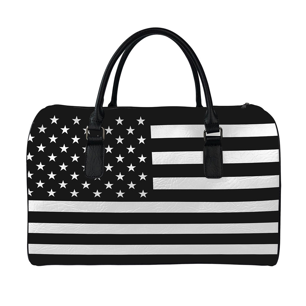 Black American Flag Print Leather Duffle Bag