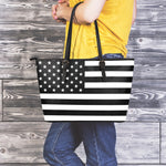 Black American Flag Print Leather Tote Bag
