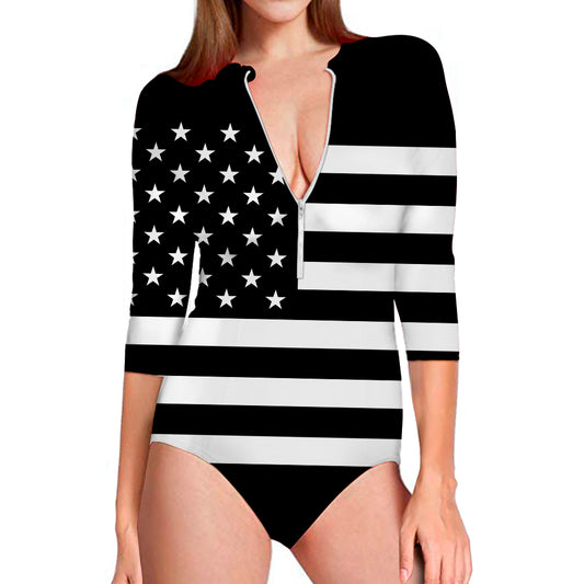 Black American Flag Print Long Sleeve Swimsuit
