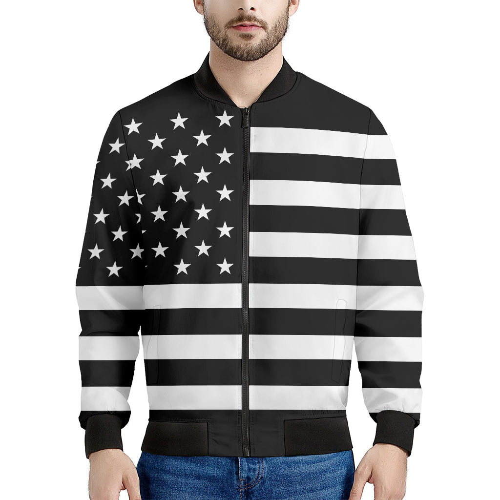 Black American Flag Print Men's Bomber Jacket