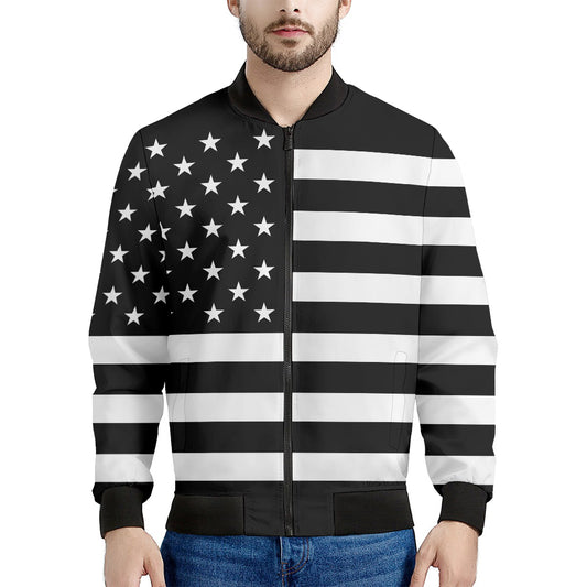Black American Flag Print Men's Bomber Jacket