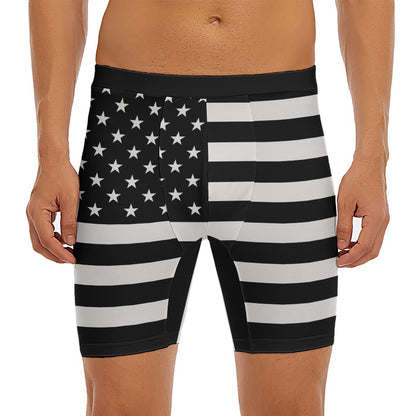 Black American Flag Print Men's Long Boxer Briefs