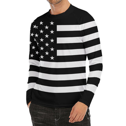 Black American Flag Print Men's Long Sleeve Rash Guard