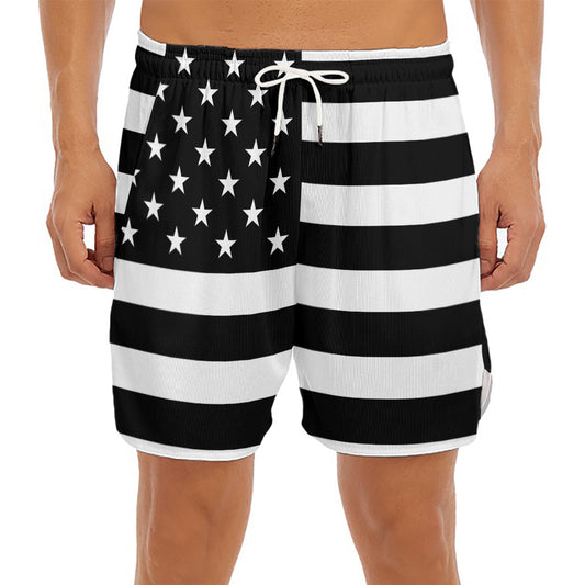 Black American Flag Print Men's Split Running Shorts