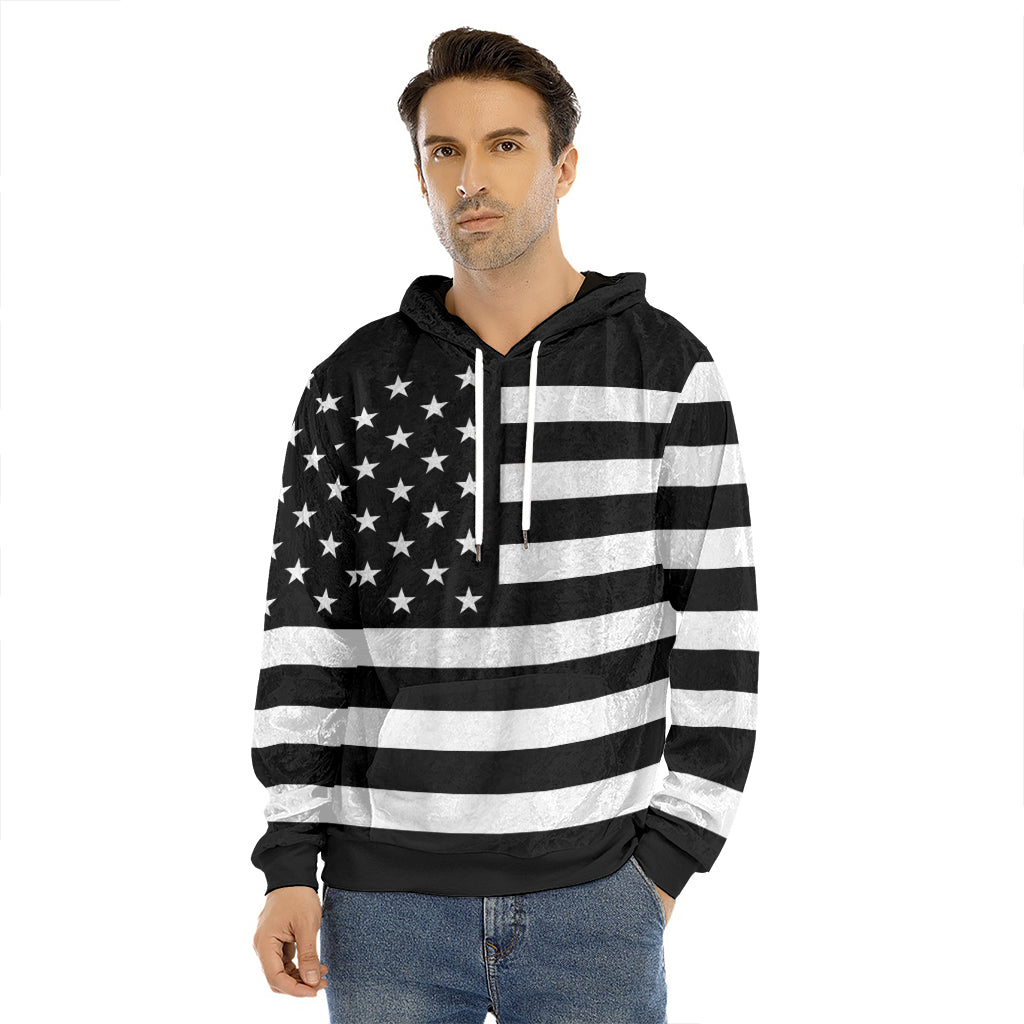 Black American Flag Print Men's Velvet Pullover Hoodie