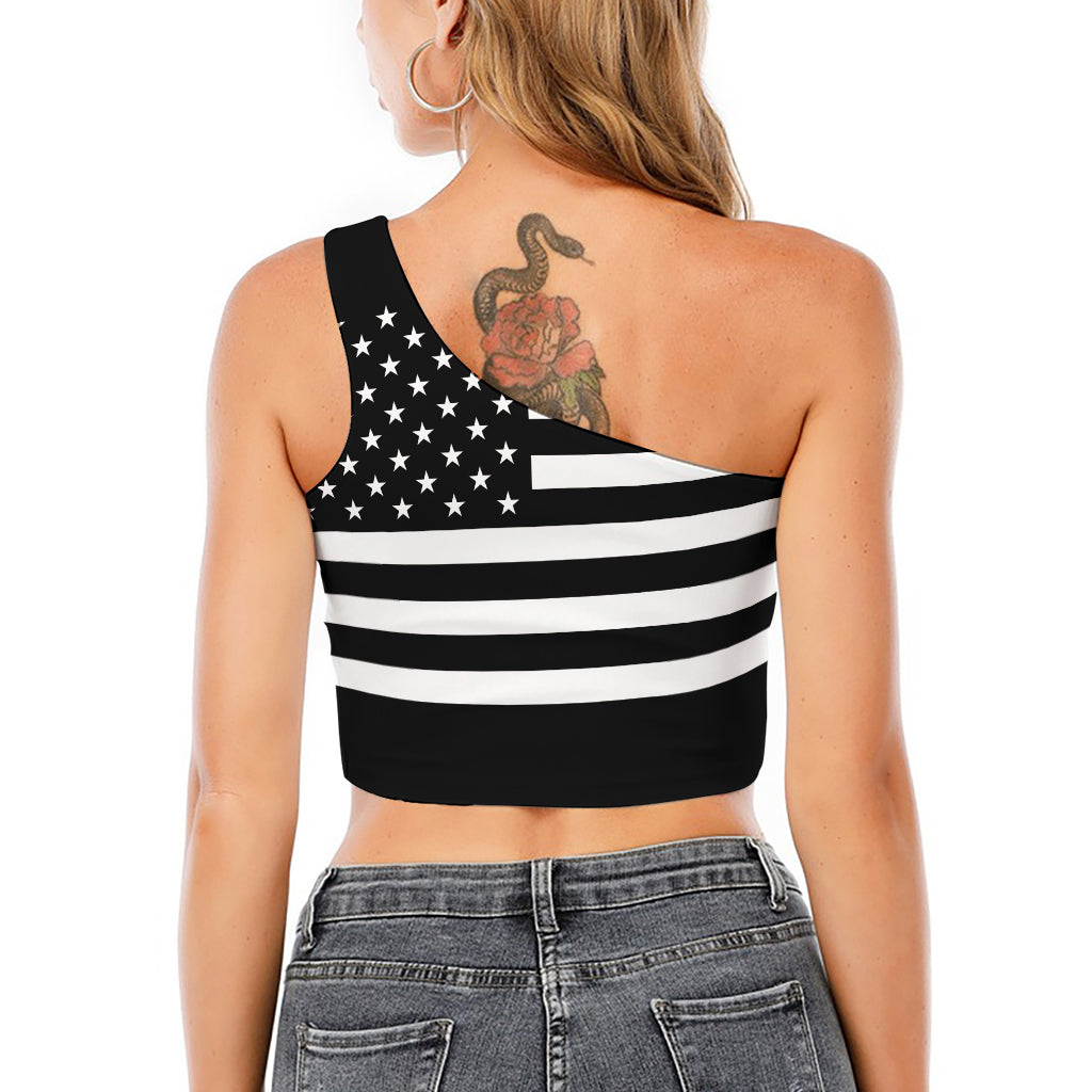 Black American Flag Print One Shoulder Crop Top
