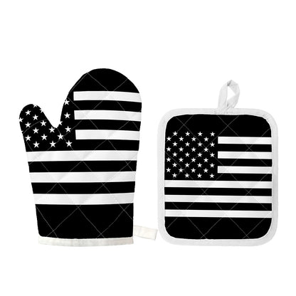 Black American Flag Print Oven Mitt And Pot Holder Set