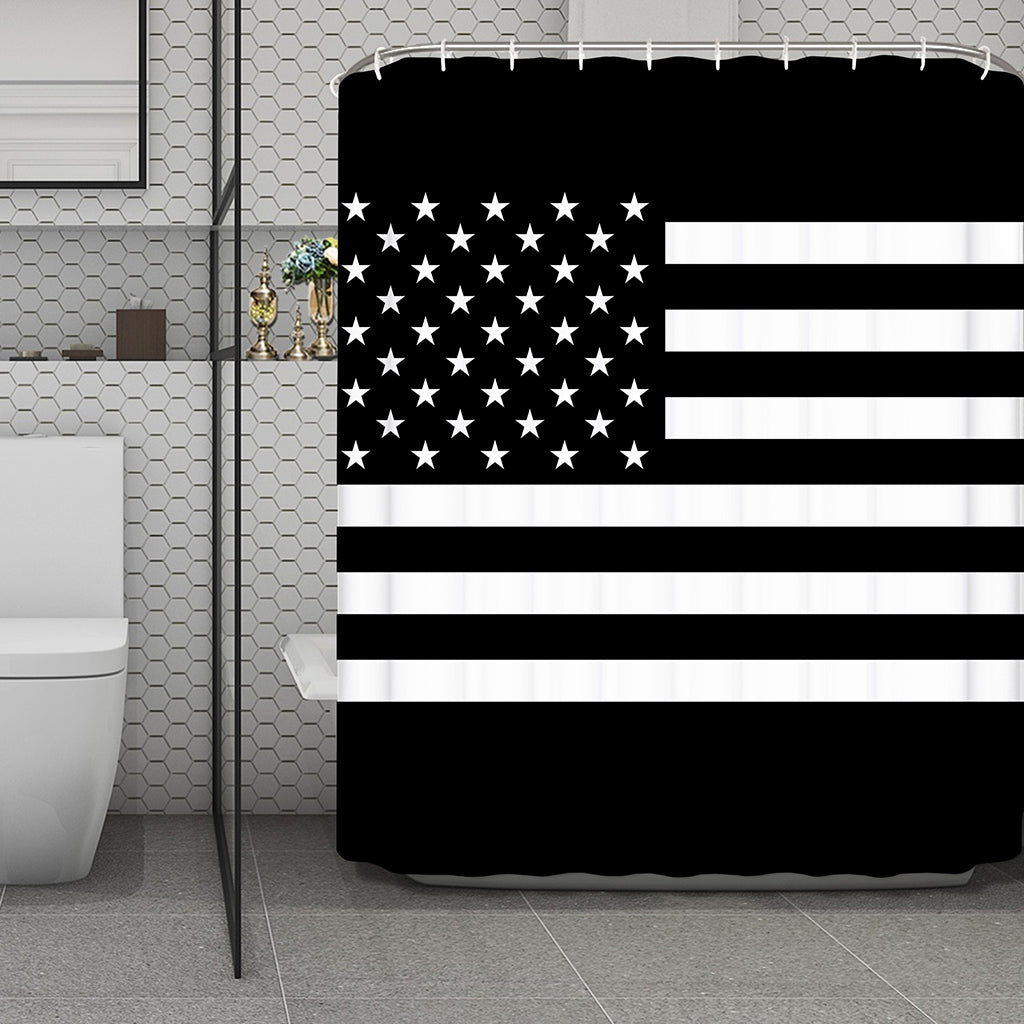 Black American Flag Print Polyester Shower Curtain