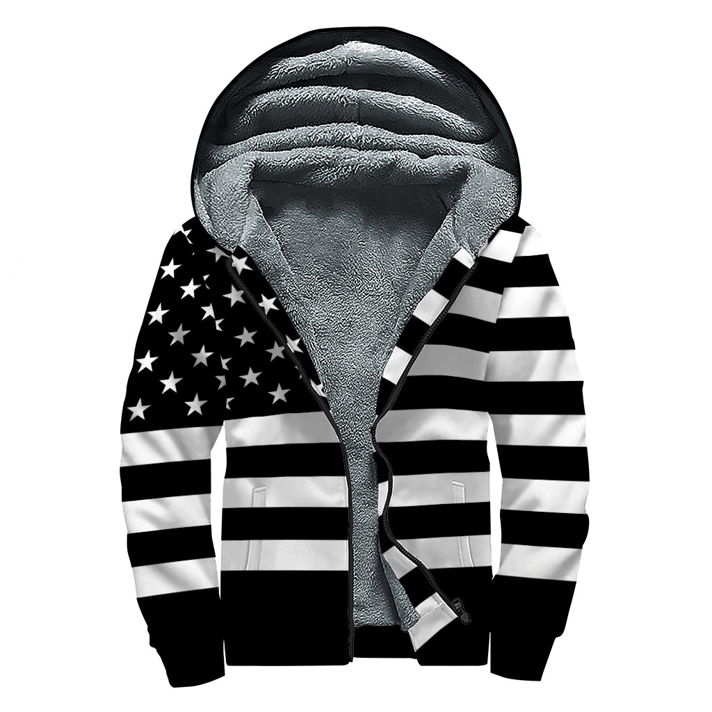 Black American Flag Print Sherpa Lined Zip Up Hoodie