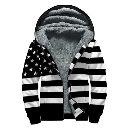 Black American Flag Print Sherpa Lined Zip Up Hoodie