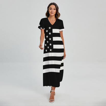 Black American Flag Print Short Sleeve Maxi Dress