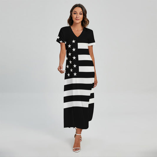 Black American Flag Print Short Sleeve Maxi Dress