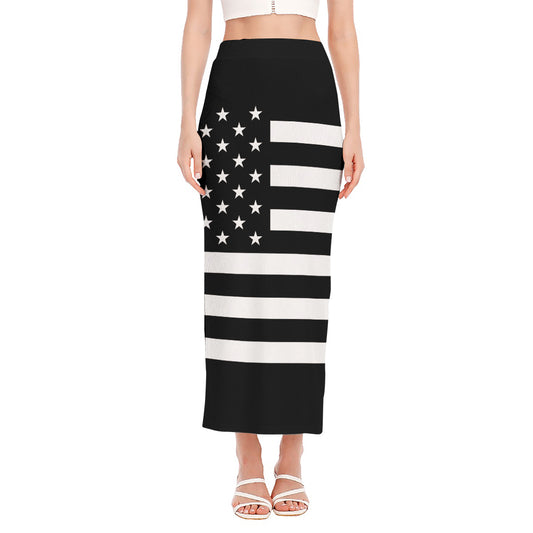 Black American Flag Print Side Slit Maxi Skirt