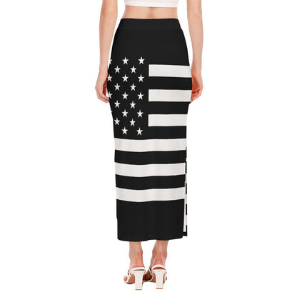 Black American Flag Print Side Slit Maxi Skirt