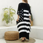 Black American Flag Print Silk V-Neck Kaftan Dress