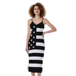 Black American Flag Print Slim Fit Midi Cami Dress