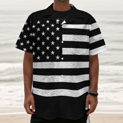 Black American Flag Print Textured Short Sleeve Shirt