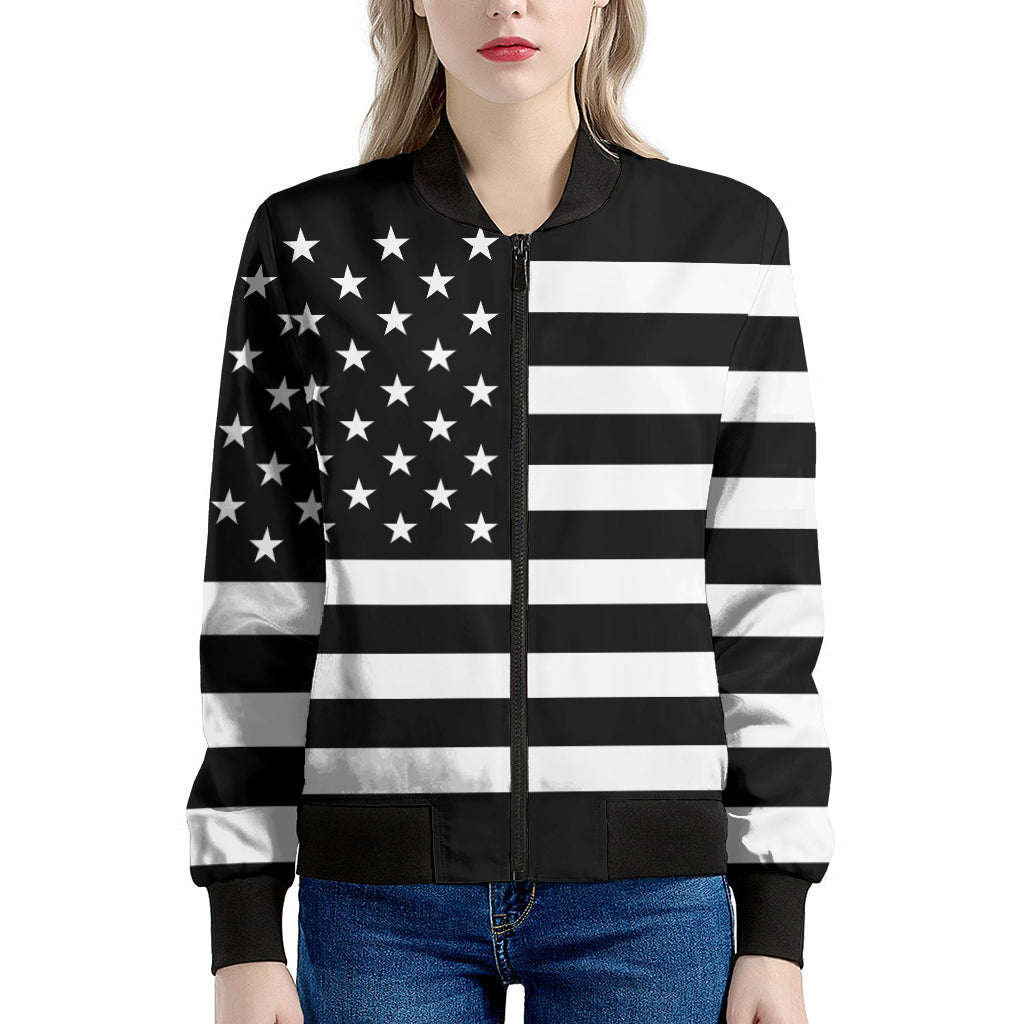 Black American Flag Print Women's Bomber Jacket