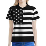 Black American Flag Print Women's Polo Shirt