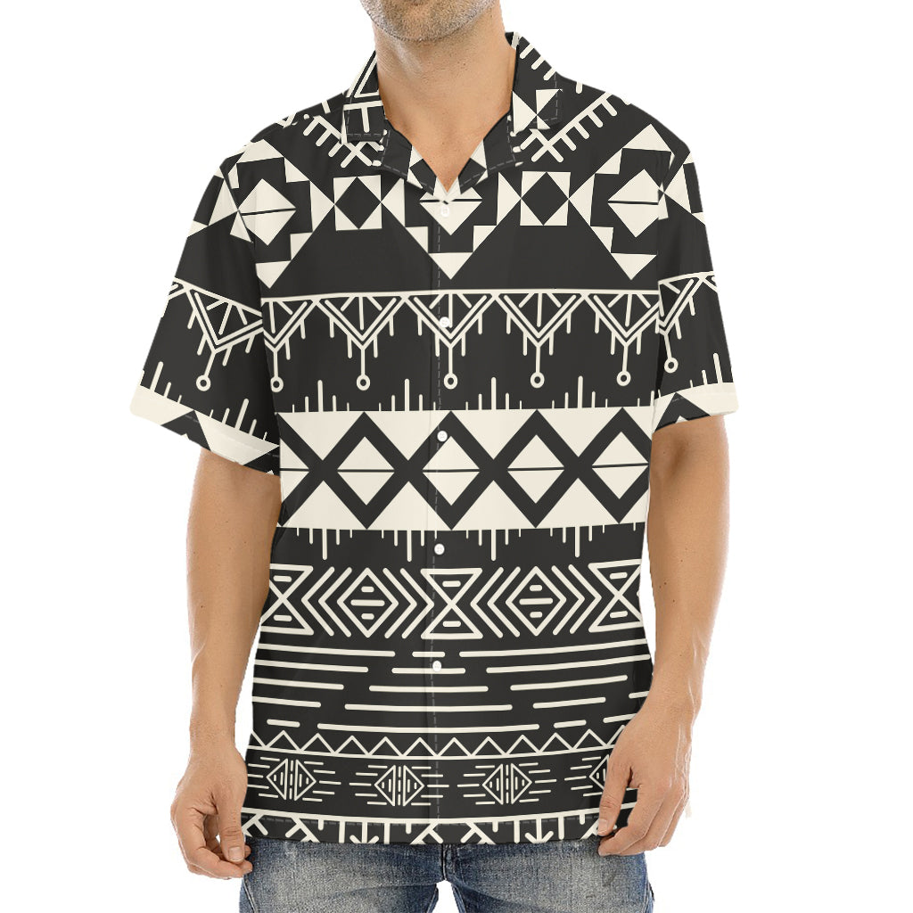 Black And Beige Aztec Pattern Print Aloha Shirt