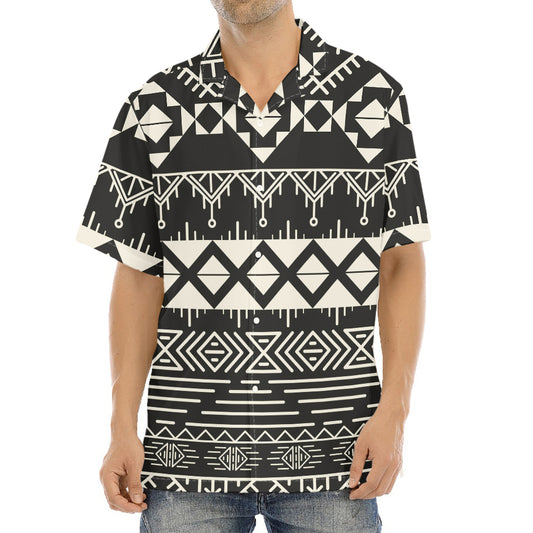 Black And Beige Aztec Pattern Print Aloha Shirt