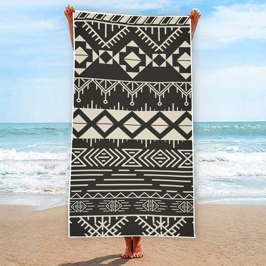 Black And Beige Aztec Pattern Print Beach Towel