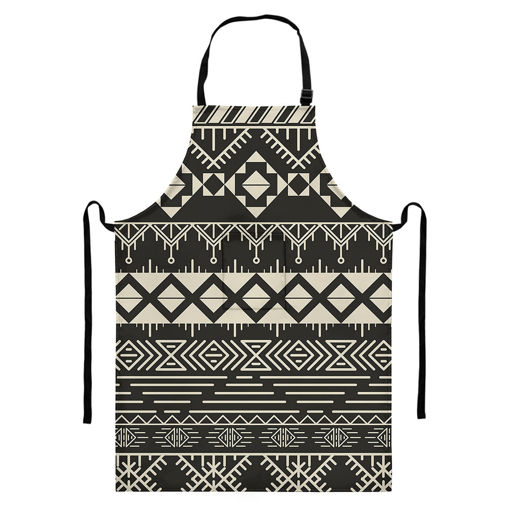 Black And Beige Aztec Pattern Print Bib Apron With Pocket