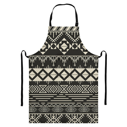 Black And Beige Aztec Pattern Print Bib Apron With Pocket
