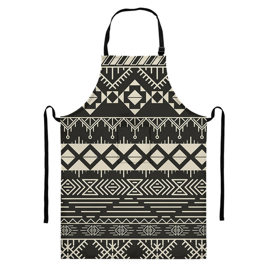 Black And Beige Aztec Pattern Print Bib Apron With Pocket