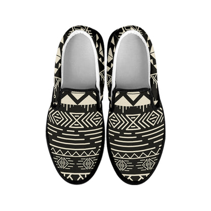 Black And Beige Aztec Pattern Print Black Slip On Sneakers
