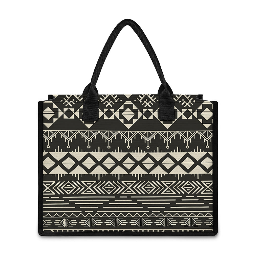 Black And Beige Aztec Pattern Print Canvas Tote Bag