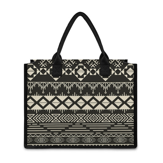 Black And Beige Aztec Pattern Print Canvas Tote Bag