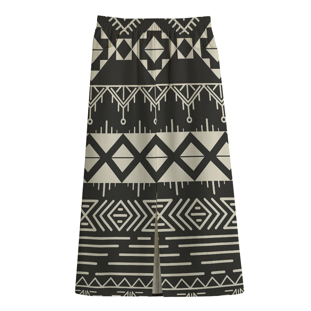 Black And Beige Aztec Pattern Print Cotton Front Slit Maxi Skirt