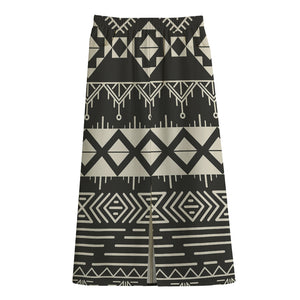 Black And Beige Aztec Pattern Print Cotton Front Slit Maxi Skirt