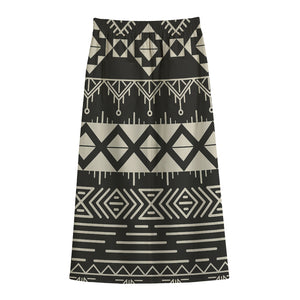 Black And Beige Aztec Pattern Print Cotton Front Slit Maxi Skirt