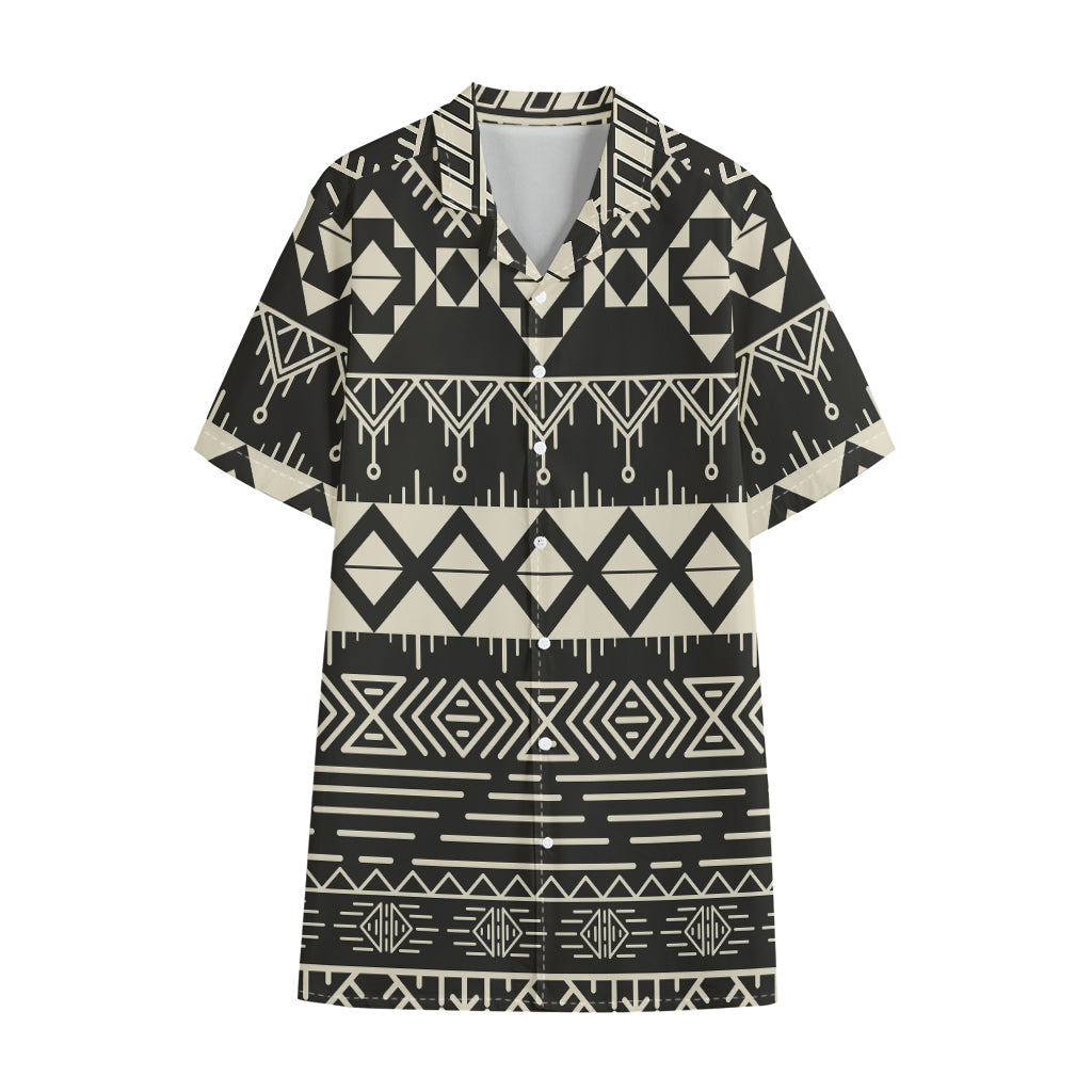 Black And Beige Aztec Pattern Print Cotton Hawaiian Shirt