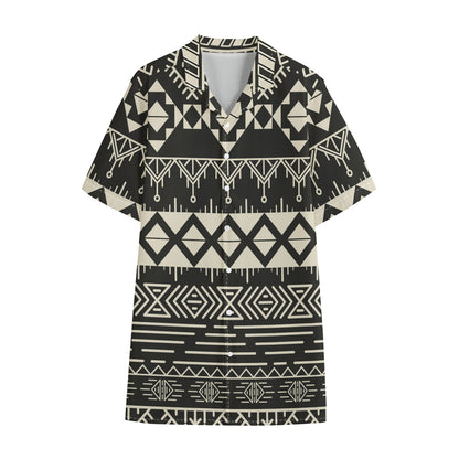 Black And Beige Aztec Pattern Print Cotton Hawaiian Shirt