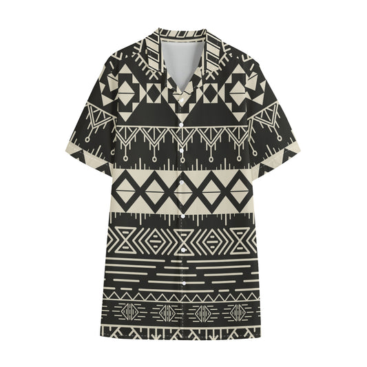 Black And Beige Aztec Pattern Print Cotton Hawaiian Shirt