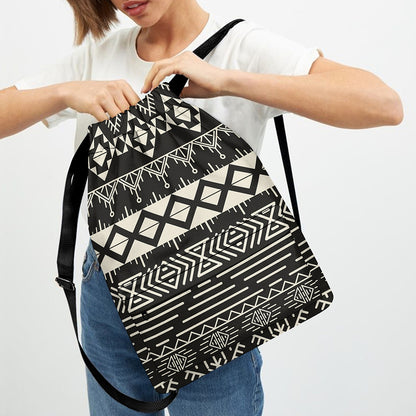 Black And Beige Aztec Pattern Print Drawstring Backpack