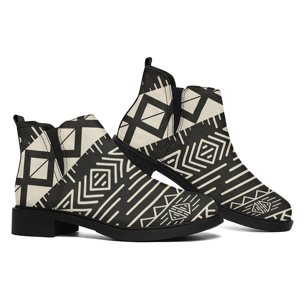 Black And Beige Aztec Pattern Print Flat Ankle Boots