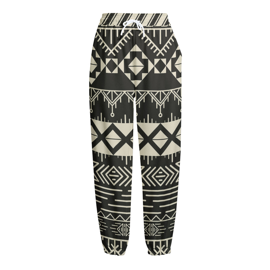 Black And Beige Aztec Pattern Print Fleece Lined Knit Pants