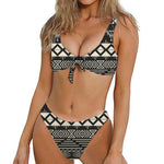 Black And Beige Aztec Pattern Print Front Bow Tie Bikini