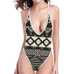 Black And Beige Aztec Pattern Print High Cut One Piece Swimsuit